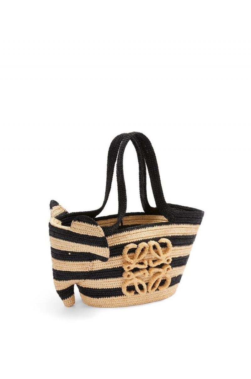 Bolso Tote Loewe Small Elephant Basket bag in striped raffia and calfskin Mujer Negras | 435AEOJWQ