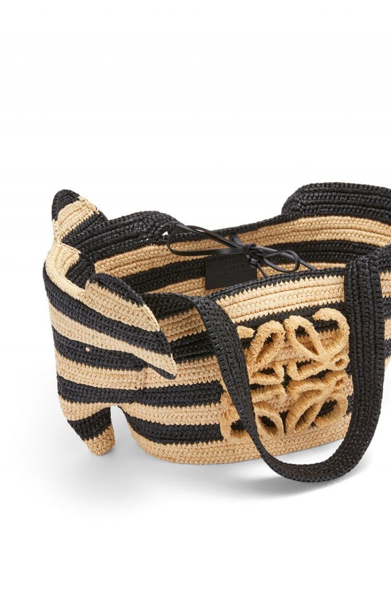 Bolso Tote Loewe Small Elephant Basket bag in striped raffia and calfskin Mujer Negras | 435AEOJWQ