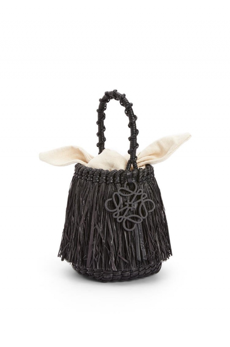 Bolso Tote Loewe Small Frayed Bucket bag in raffia and calfskin Mujer Negras | 867LTIDHS