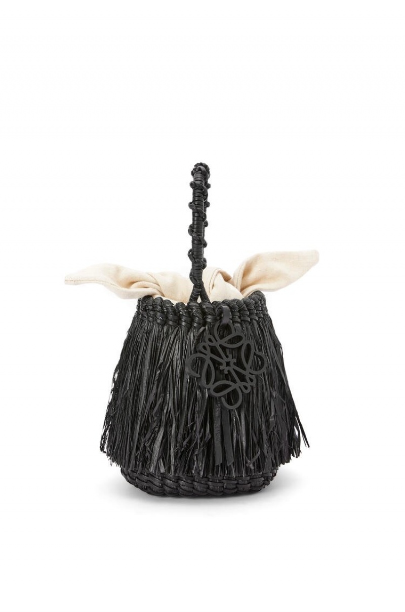 Bolso Tote Loewe Small Frayed Bucket bag in raffia and calfskin Mujer Negras | 867LTIDHS