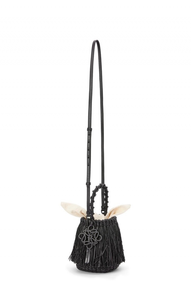 Bolso Tote Loewe Small Frayed Bucket bag in raffia and calfskin Mujer Negras | 867LTIDHS