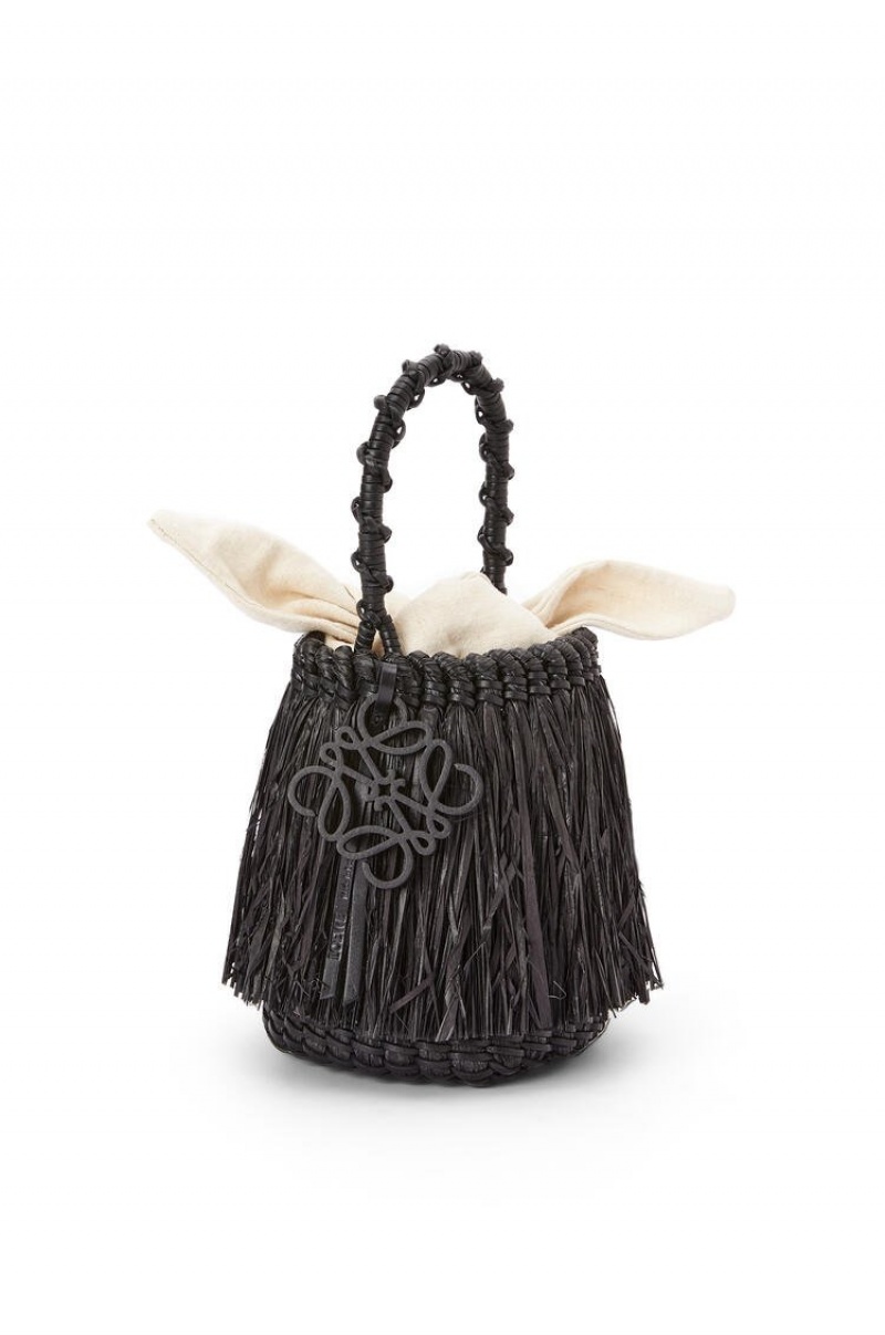 Bolso Tote Loewe Small Frayed Bucket bag in raffia and calfskin Mujer Negras | 867LTIDHS