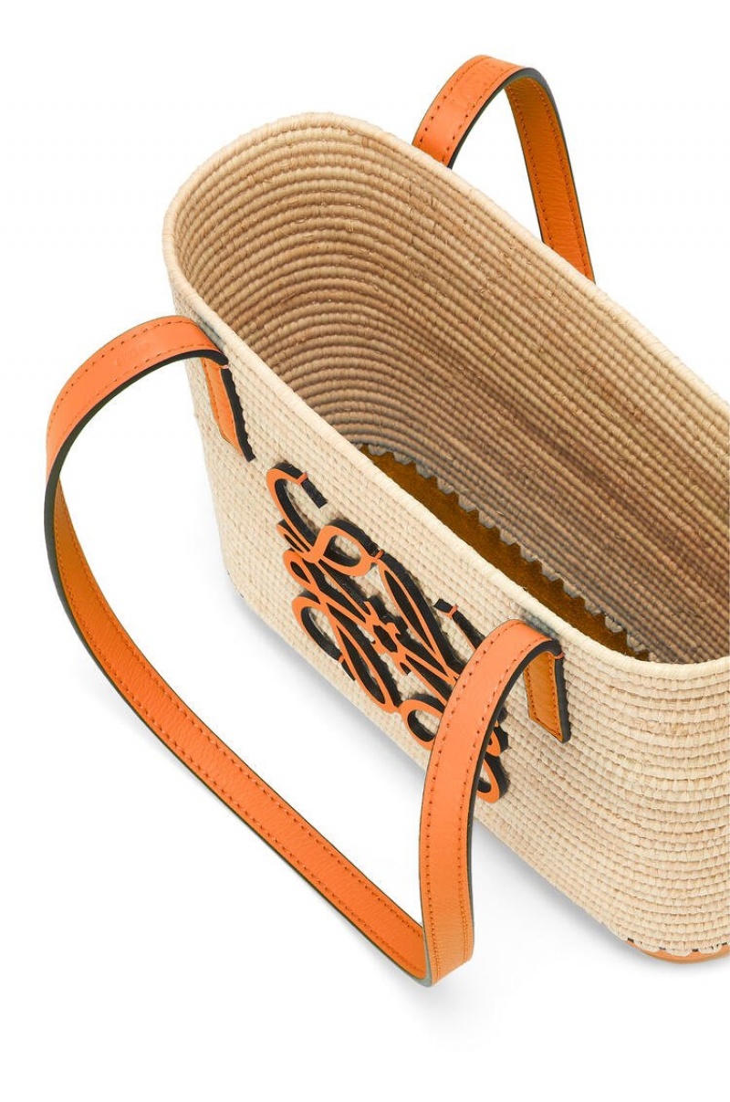 Bolsos Mini Loewe Mini Square Basket bag in raffia and calfskin Mujer Naranjas | 972DYIWSO