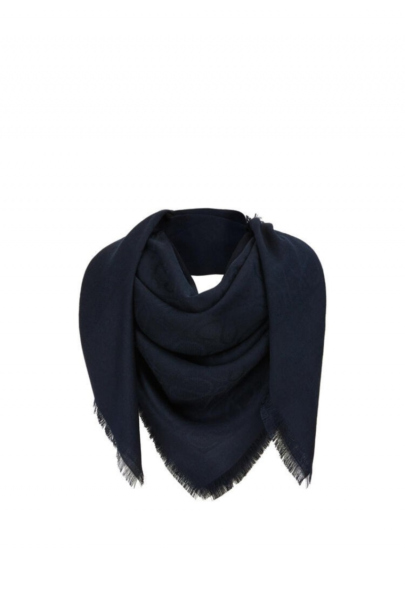 Bufandas Loewe Damero scarf in wool, silk and cashmere Mujer Azules Oscuro | 902SMBIGN