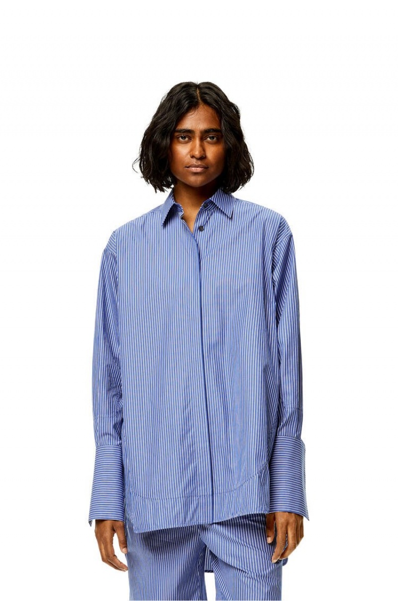 Camisas Loewe A Rayas long shirt in cotton Mujer Azules Blancas | 924RQSBWG