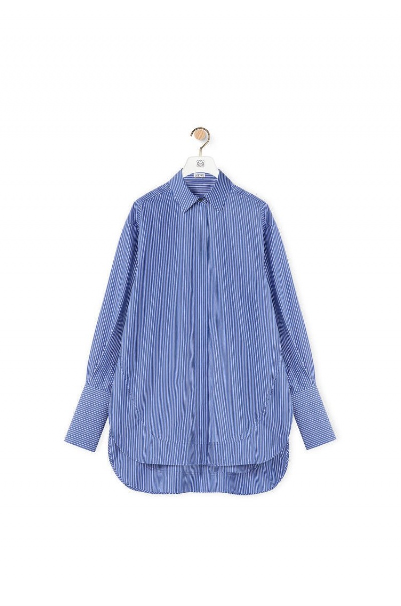 Camisas Loewe A Rayas long shirt in cotton Mujer Azules Blancas | 924RQSBWG