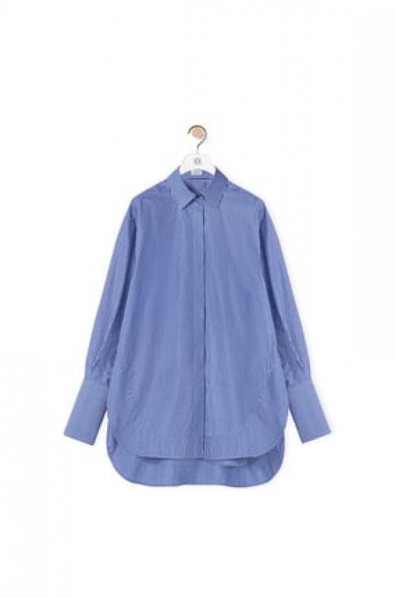 Camisas Loewe A Rayas long shirt in cotton Mujer Azules Blancas | 924RQSBWG