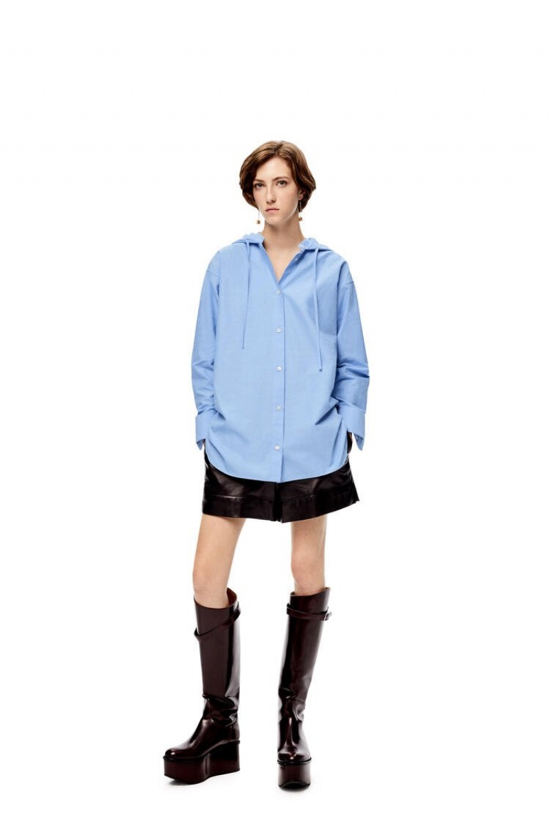 Camisas Loewe Anagram jacquard hooded shirt in cotton Mujer Azules | 792VPDOKE