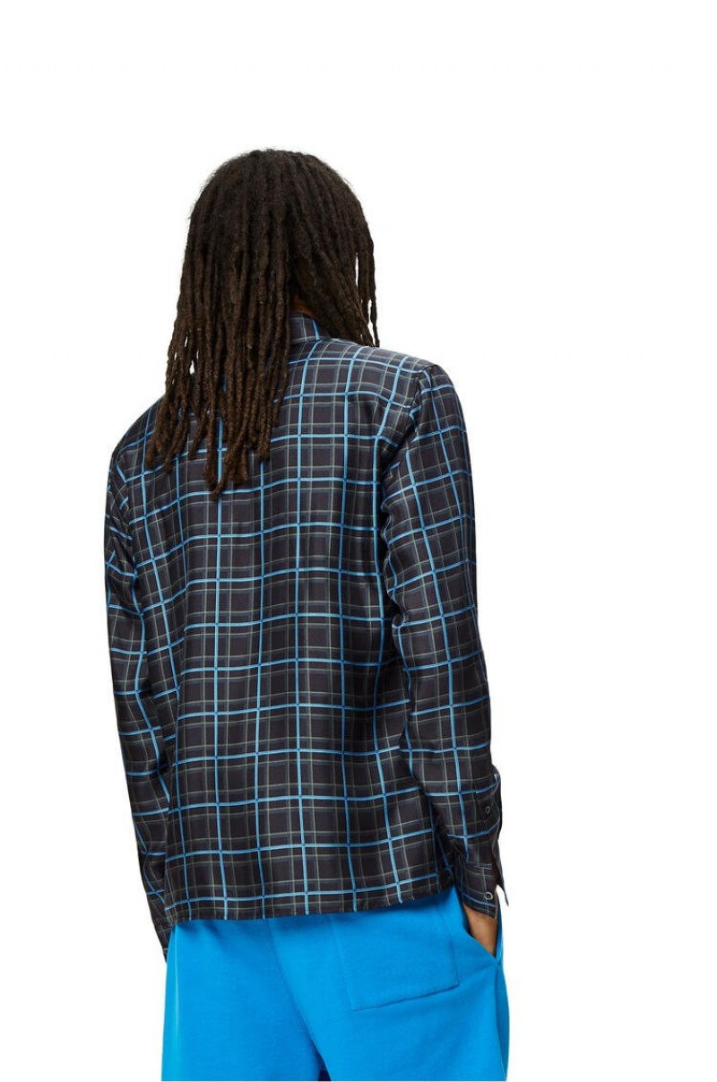 Camisas Loewe Anagram stamp check shirt in silk and cotton Hombre Gris Oscuro Azules | 802FIKAWS