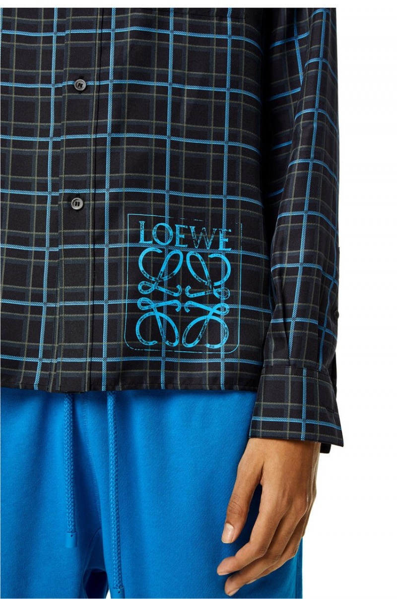 Camisas Loewe Anagram stamp check shirt in silk and cotton Hombre Gris Oscuro Azules | 802FIKAWS