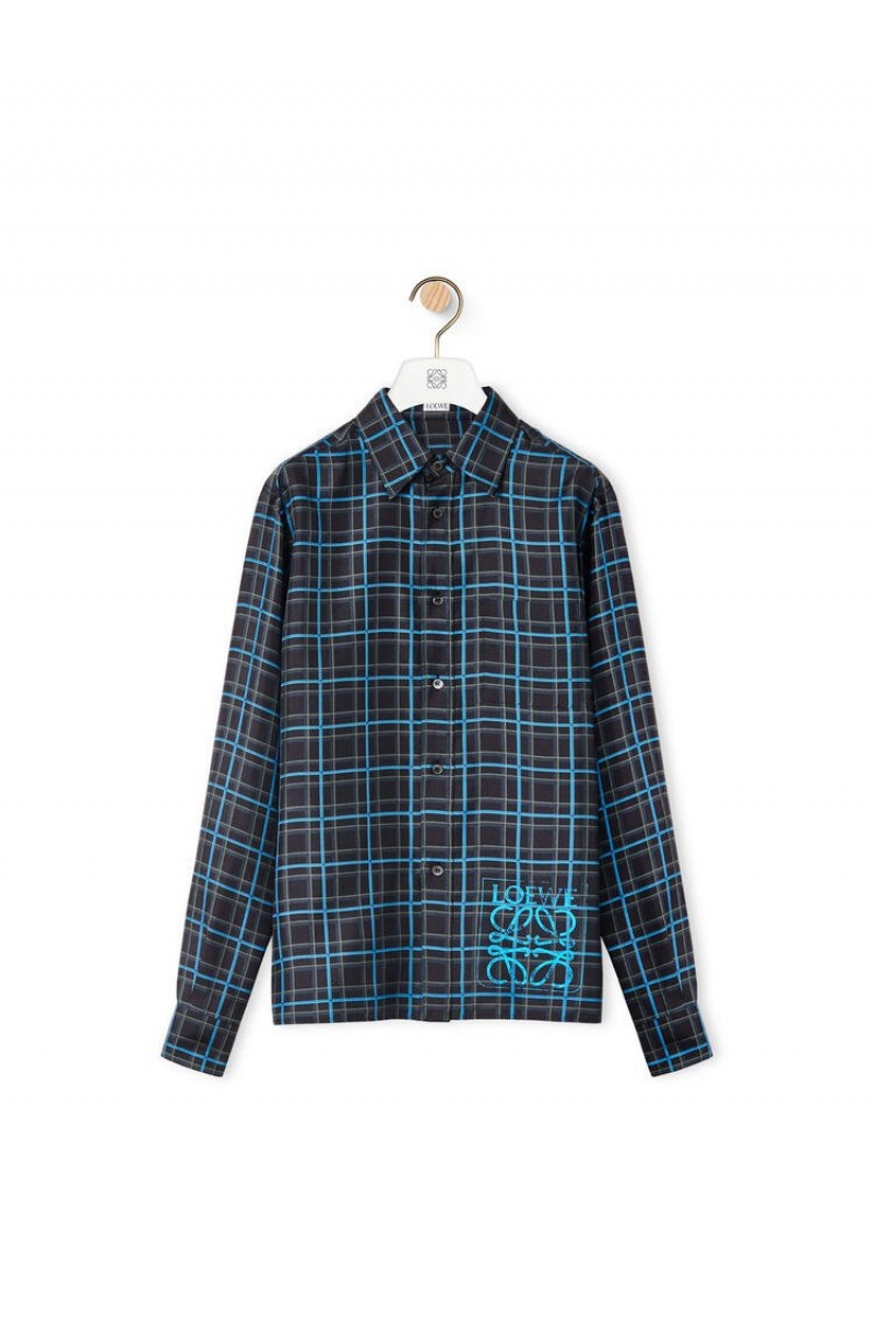 Camisas Loewe Anagram stamp check shirt in silk and cotton Hombre Gris Oscuro Azules | 802FIKAWS