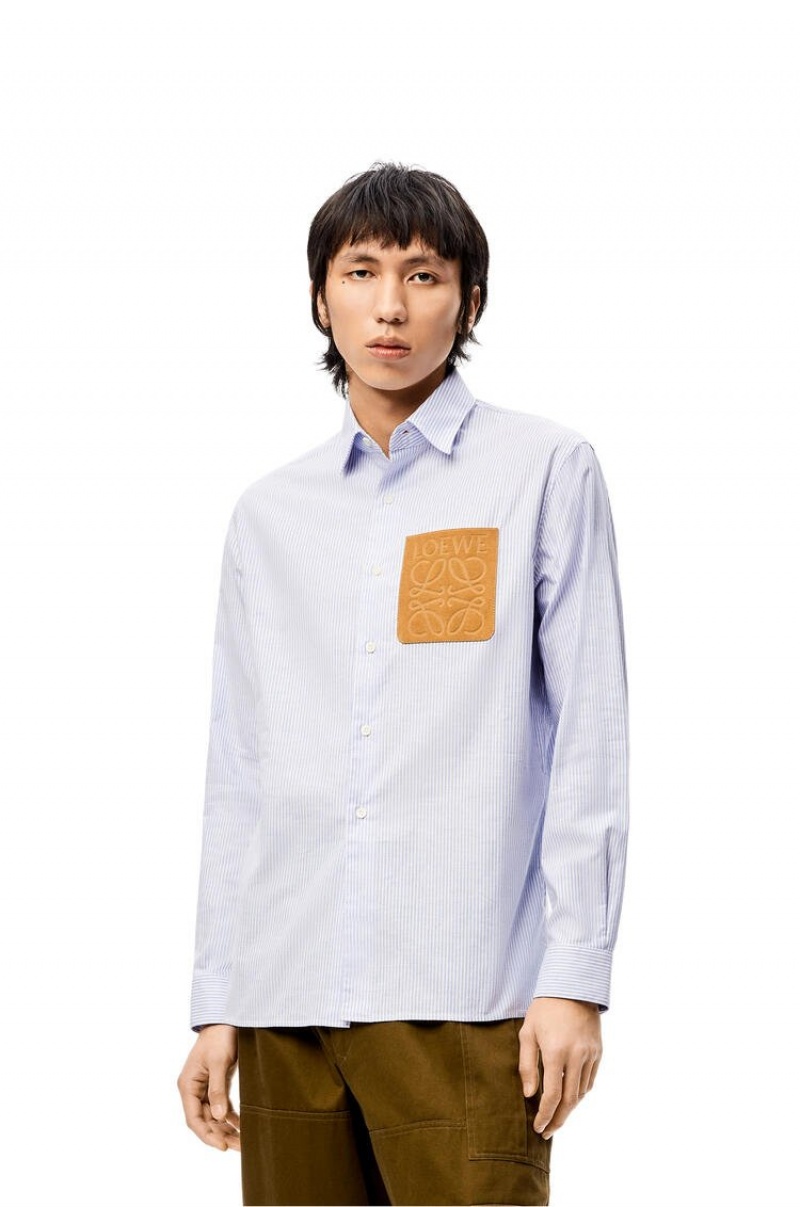 Camisas Loewe Anagram stripe shirt in cotton Hombre Blancas Azules | 812SZFPXN