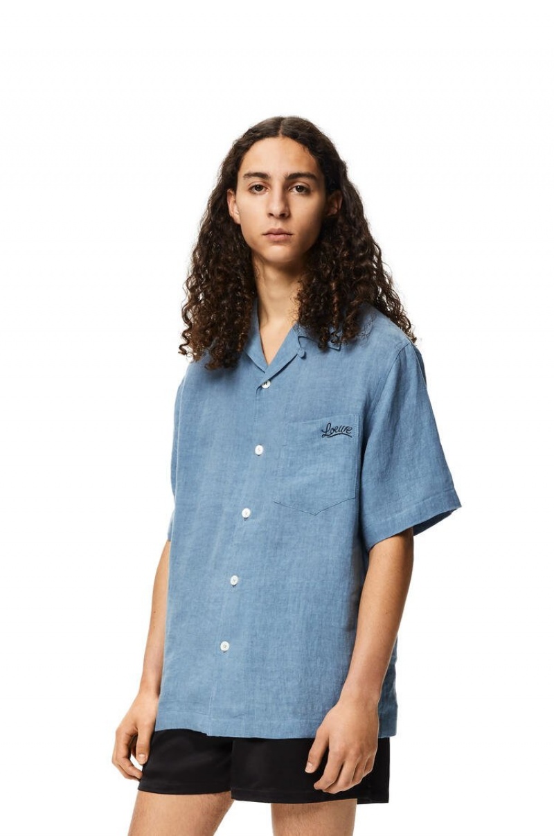 Camisas Loewe Bowling shirt in linen Hombre Azules | 493QRNXEB