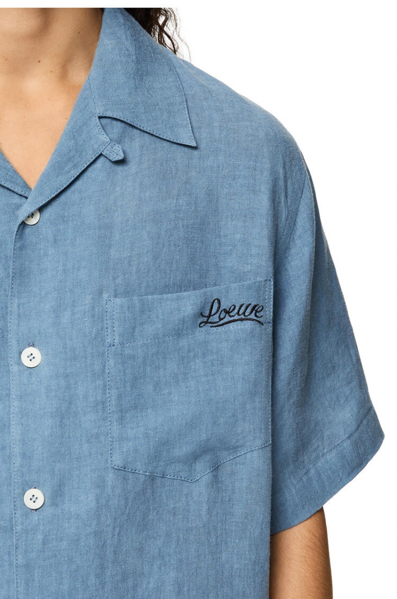 Camisas Loewe Bowling shirt in linen Hombre Azules | 493QRNXEB