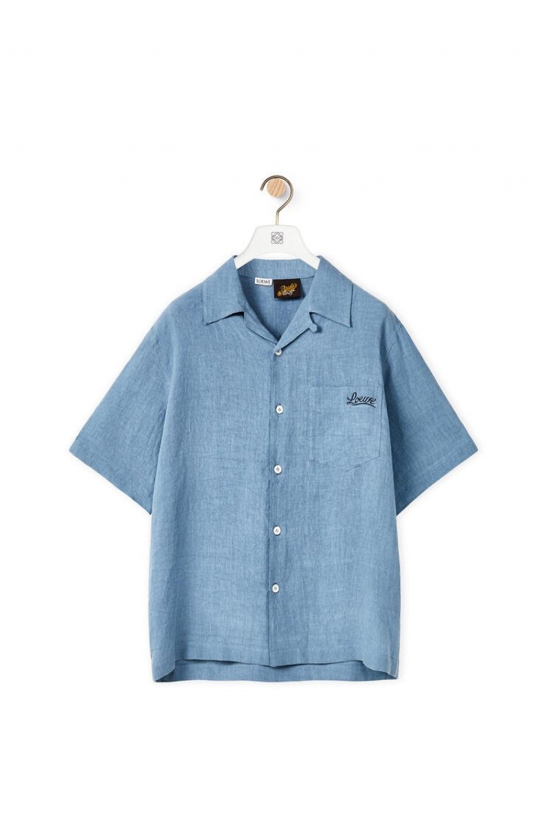 Camisas Loewe Bowling shirt in linen Hombre Azules | 493QRNXEB