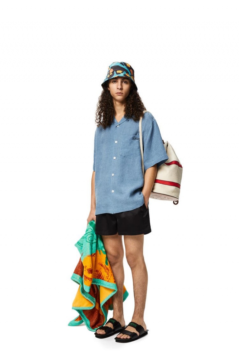 Camisas Loewe Bowling shirt in linen Hombre Azules | 493QRNXEB