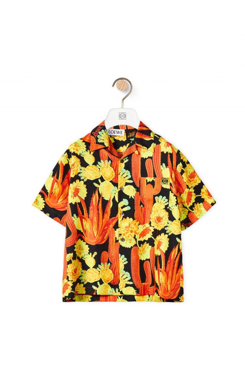 Camisas Loewe Cactus print bowling shirt in silk Hombre Negras Amarillo | 198EXNBAT