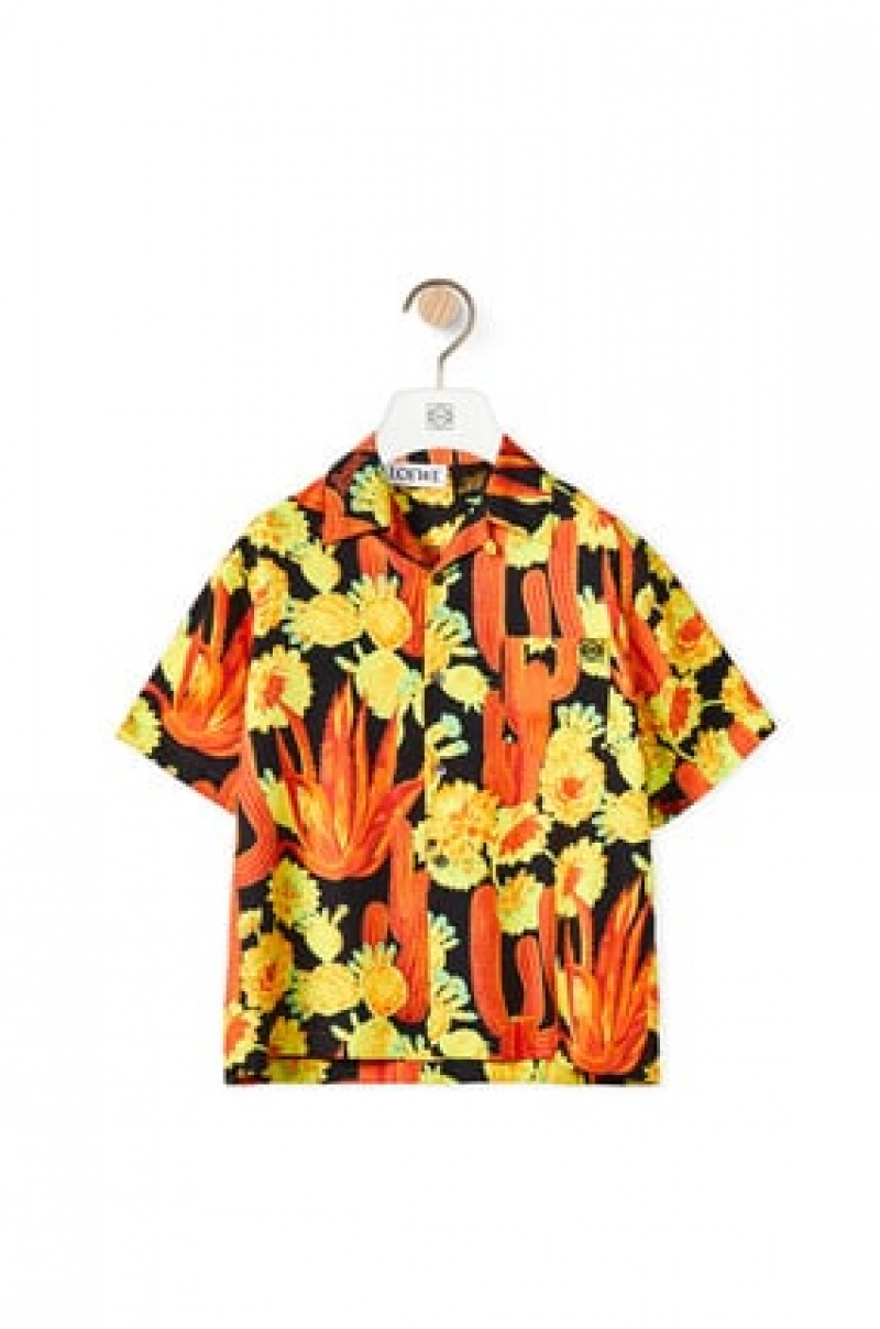 Camisas Loewe Cactus print bowling shirt in silk Hombre Negras Amarillo | 198EXNBAT