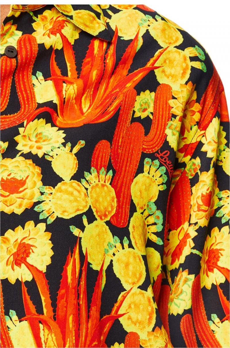 Camisas Loewe Cactus print shirt in viscose Mujer Negras Naranjas Doradas | 729BGWJUN