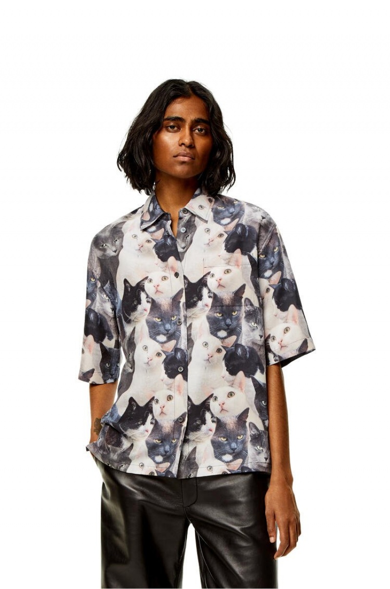 Camisas Loewe Cats print shirt in silk Mujer Gris Negras | 395VEJQNC