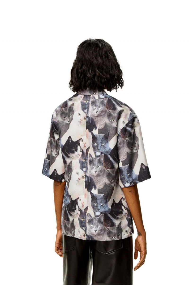 Camisas Loewe Cats print shirt in silk Mujer Gris Negras | 395VEJQNC