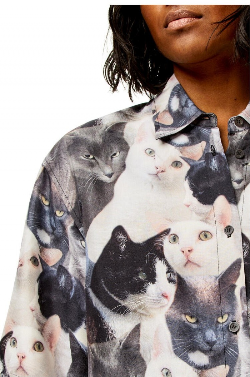 Camisas Loewe Cats print shirt in silk Mujer Gris Negras | 395VEJQNC