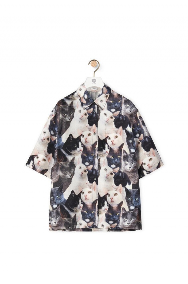 Camisas Loewe Cats print shirt in silk Mujer Gris Negras | 395VEJQNC