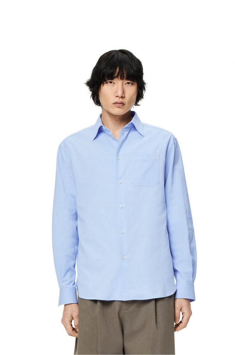 Camisas Loewe Chest pocket check shirt in cotton Hombre Azules | 642LEDITS