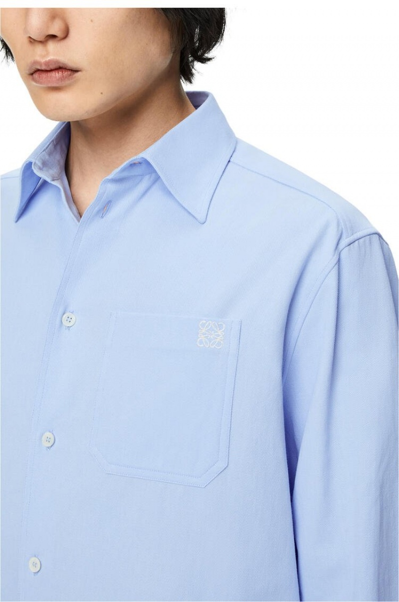 Camisas Loewe Chest pocket check shirt in cotton Hombre Azules | 642LEDITS