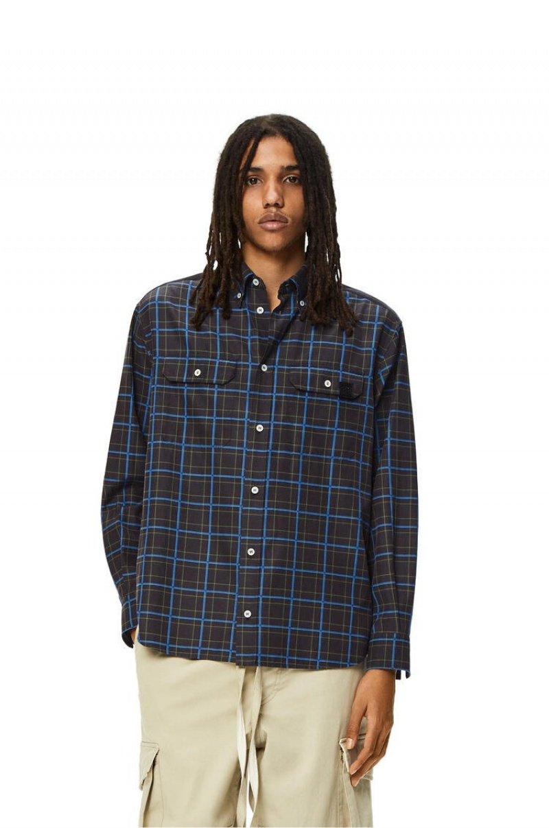 Camisas Loewe Chest pocket check shirt in silk and cotton Hombre Gris Oscuro Azules | 985LFXYTA