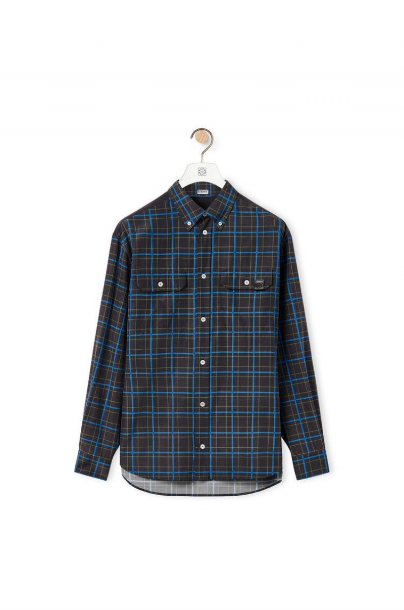 Camisas Loewe Chest pocket check shirt in silk and cotton Hombre Gris Oscuro Azules | 985LFXYTA