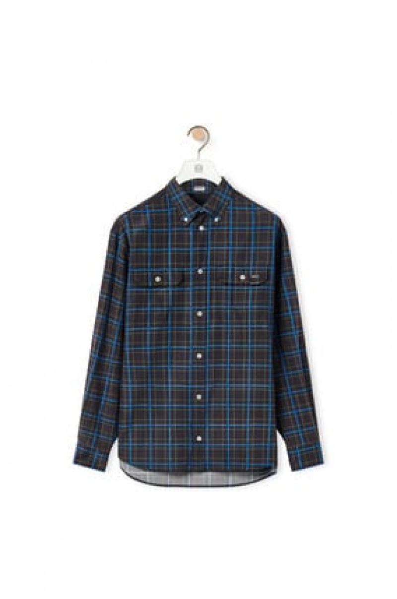 Camisas Loewe Chest pocket check shirt in silk and cotton Hombre Gris Oscuro Azules | 985LFXYTA