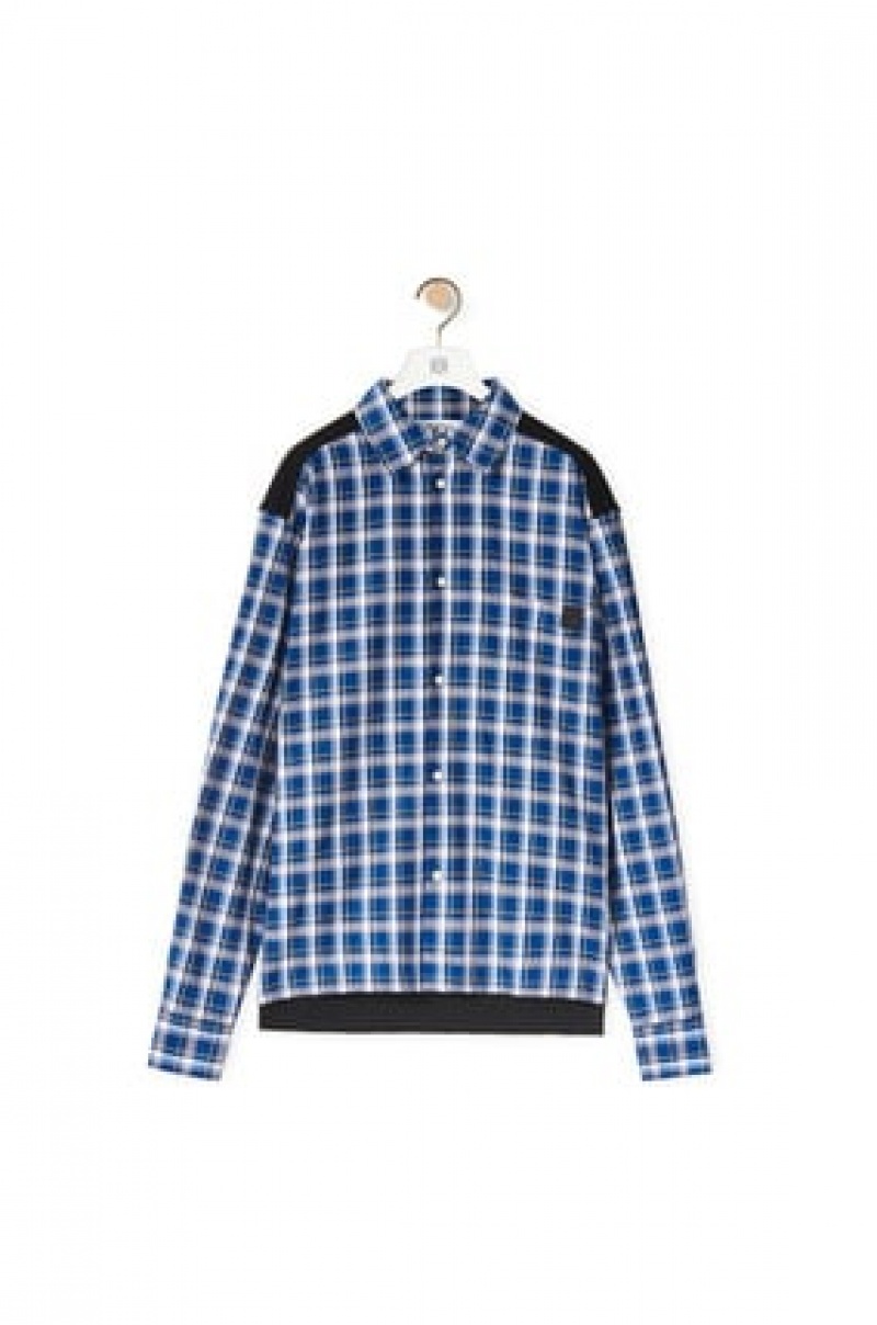 Camisas Loewe Fleece back check shirt in cotton Hombre Negras Azules | 046HUDOXA