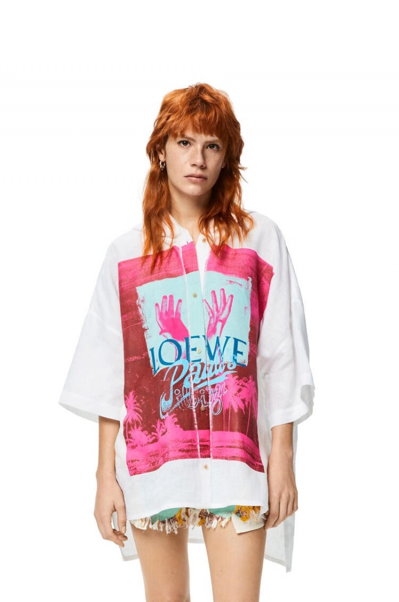 Camisas Loewe Palm print hooded shirt in linen Mujer Blancas | 047WLKDQH