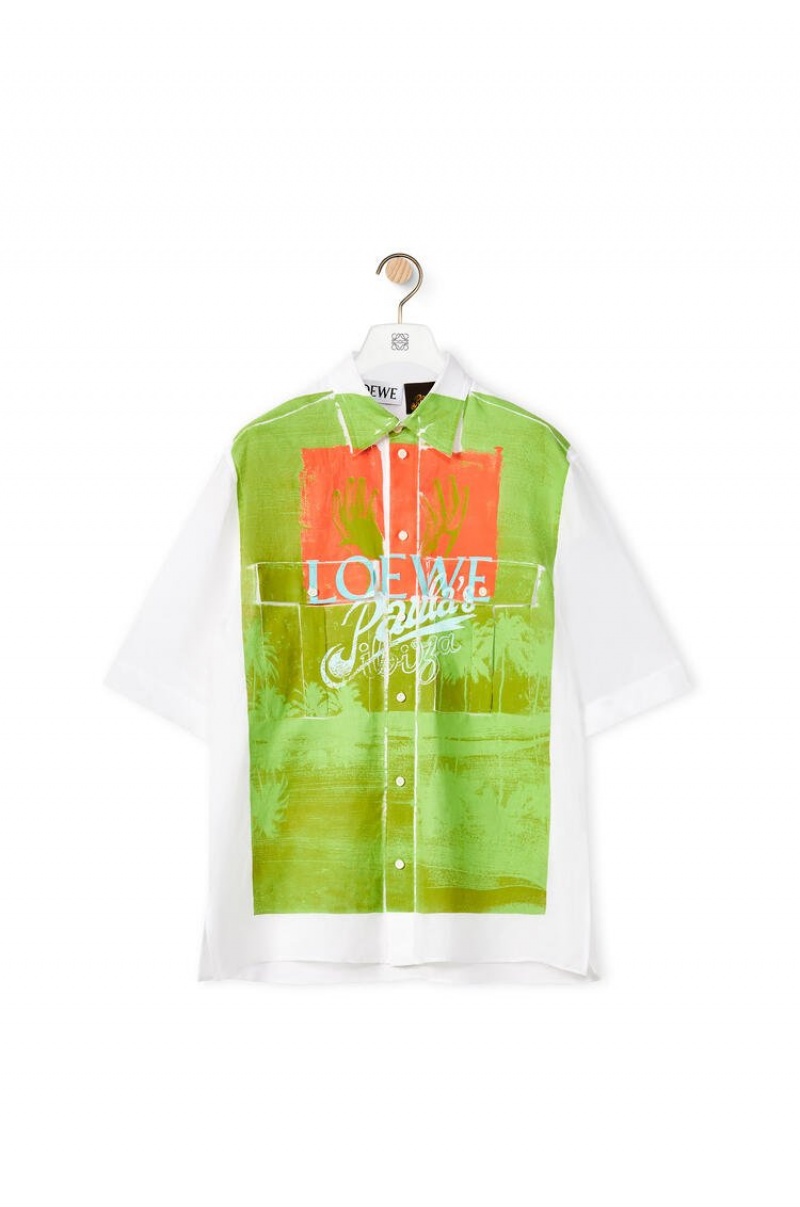 Camisas Loewe Palm print short sleeve shirt in linen Hombre Blancas Multicolor | 941QYWMAO