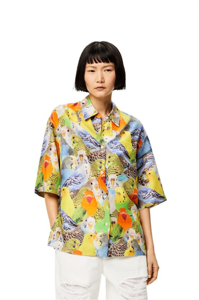 Camisas Loewe Parrots print shirt in silk Mujer Naranjas Azules Amarillo | 173QWHOXD