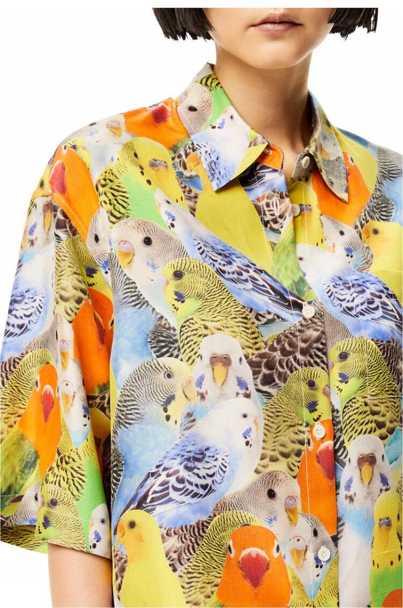 Camisas Loewe Parrots print shirt in silk Mujer Naranjas Azules Amarillo | 173QWHOXD