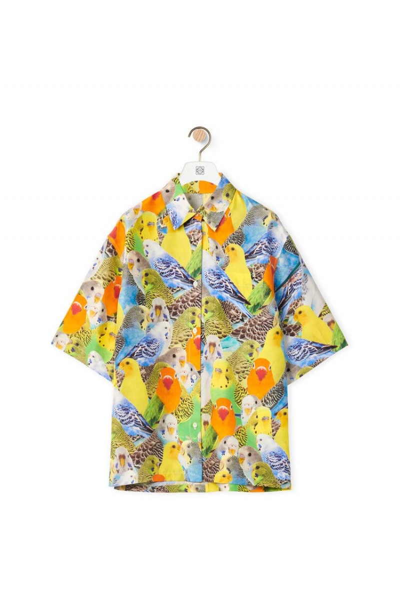 Camisas Loewe Parrots print shirt in silk Mujer Naranjas Azules Amarillo | 173QWHOXD