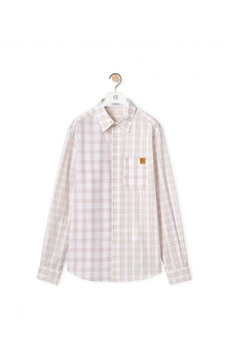 Camisas Loewe Patchwork check shirt in cotton Hombre Blancas Beige | 218IMOJPS