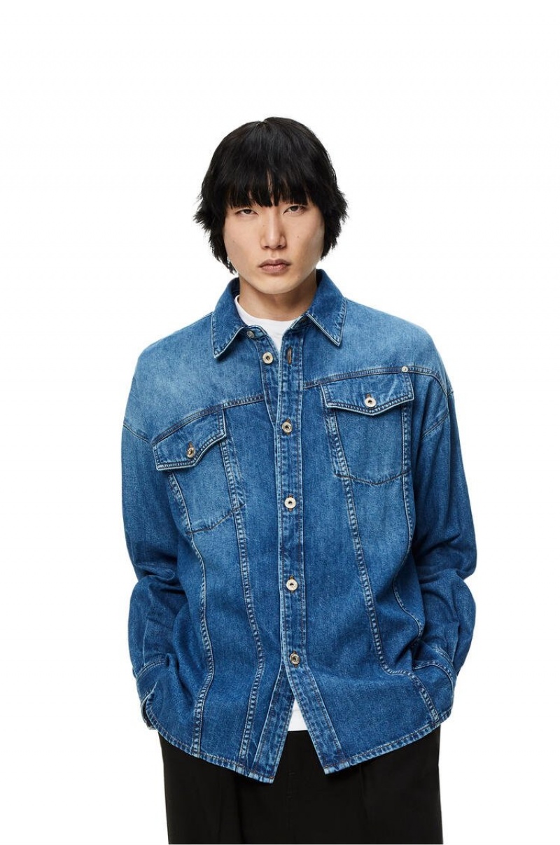 Camisas Loewe Slanted overshirt in washed denim Hombre Indigo Azules | 245RMYGNC