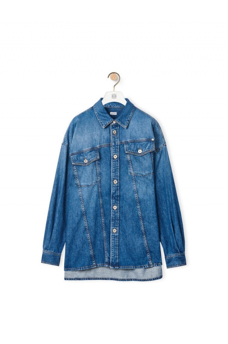 Camisas Loewe Slanted overshirt in washed denim Hombre Indigo Azules | 245RMYGNC