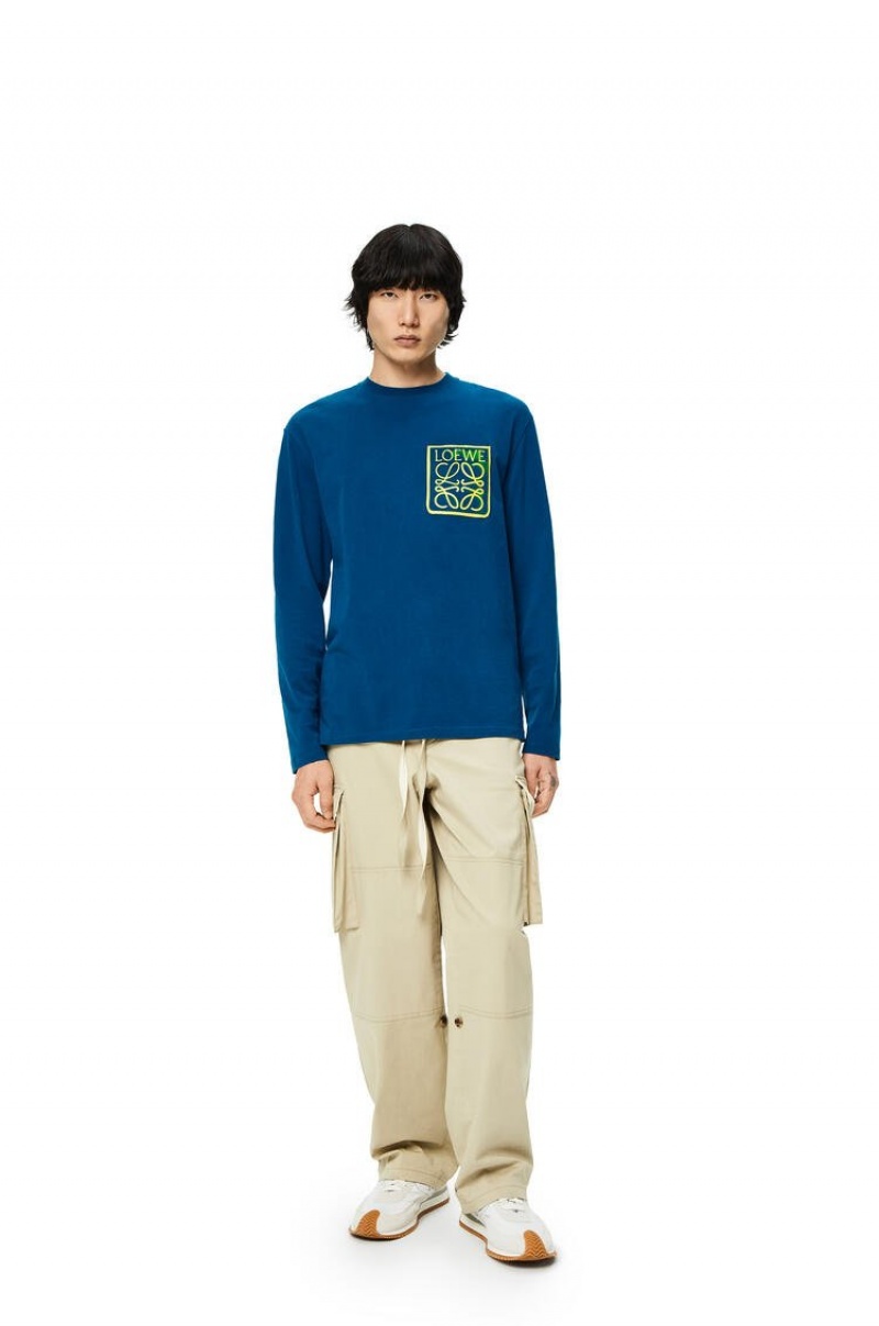 Camiseta Loewe Anagram fake pocket long sleeve T-shirt in cotton Hombre Petroleum | 617EPCRFS