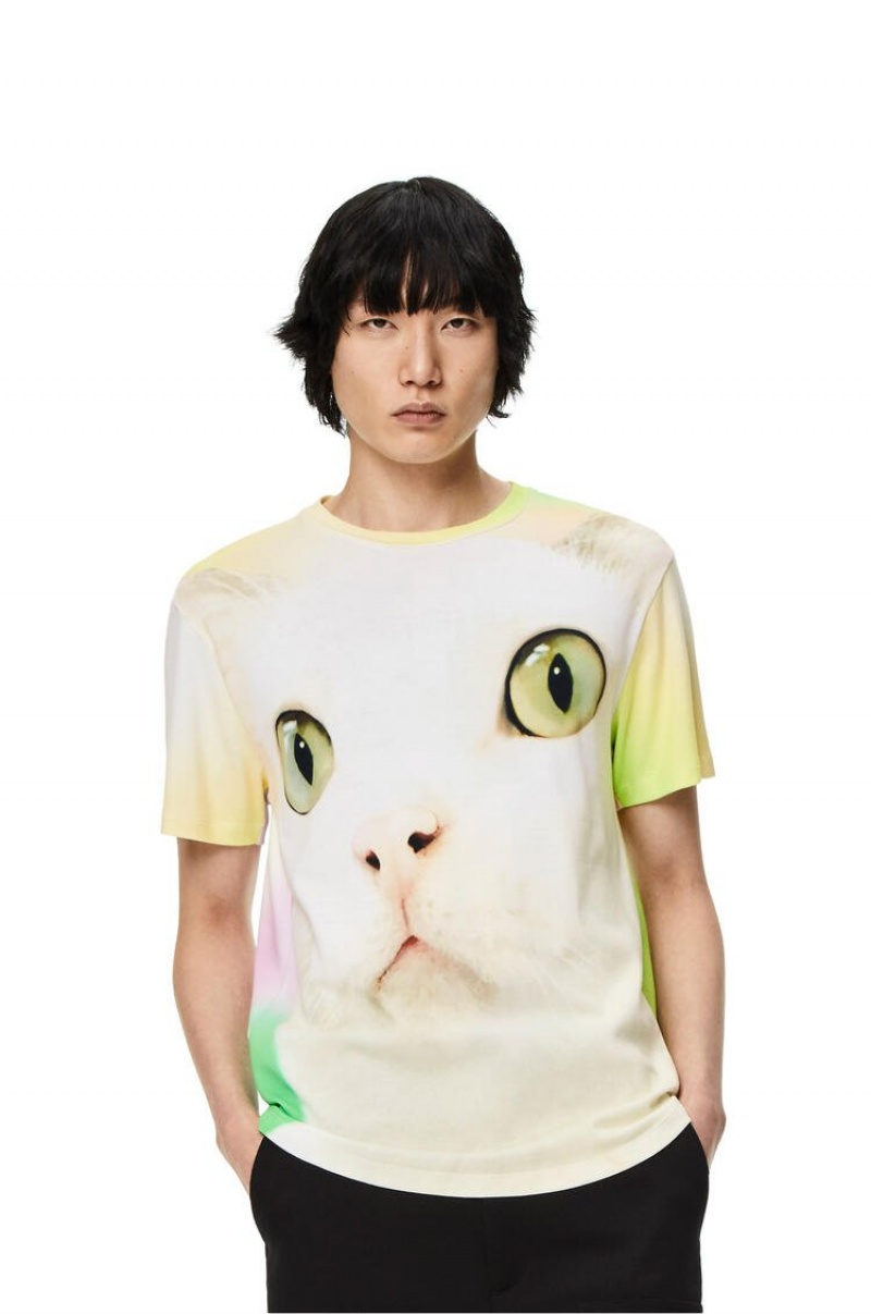 Camiseta Loewe Cat all-over print T-shirt in cotton Hombre Blancas Multicolor | 081TLNPSC