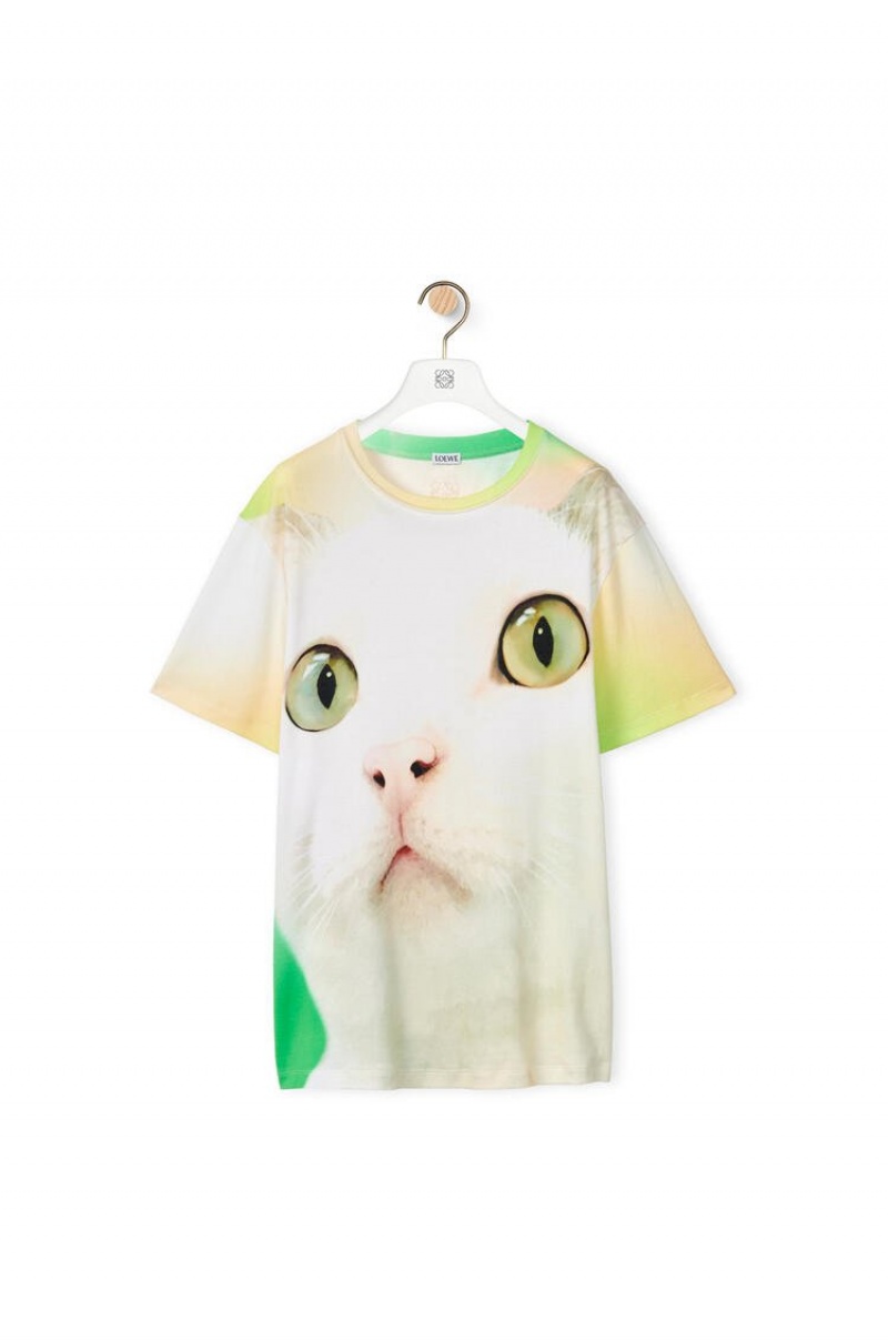 Camiseta Loewe Cat all-over print T-shirt in cotton Hombre Blancas Multicolor | 081TLNPSC