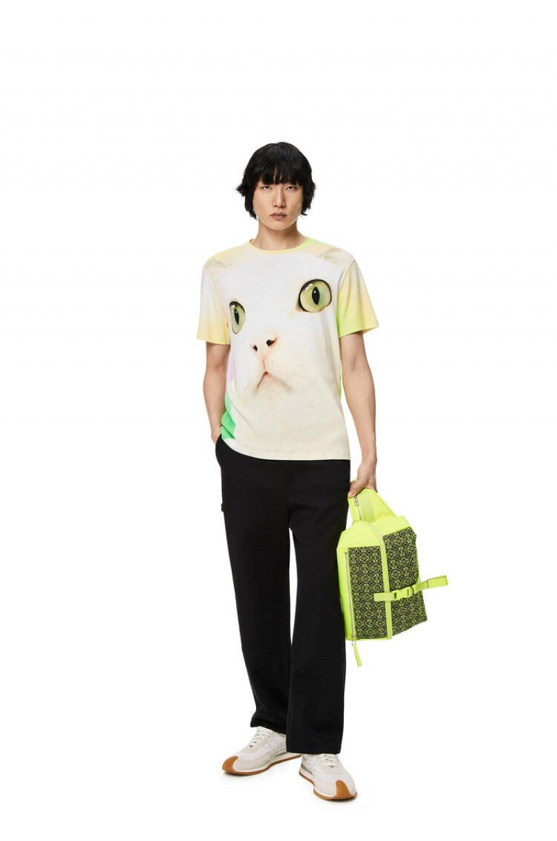 Camiseta Loewe Cat all-over print T-shirt in cotton Hombre Blancas Multicolor | 081TLNPSC