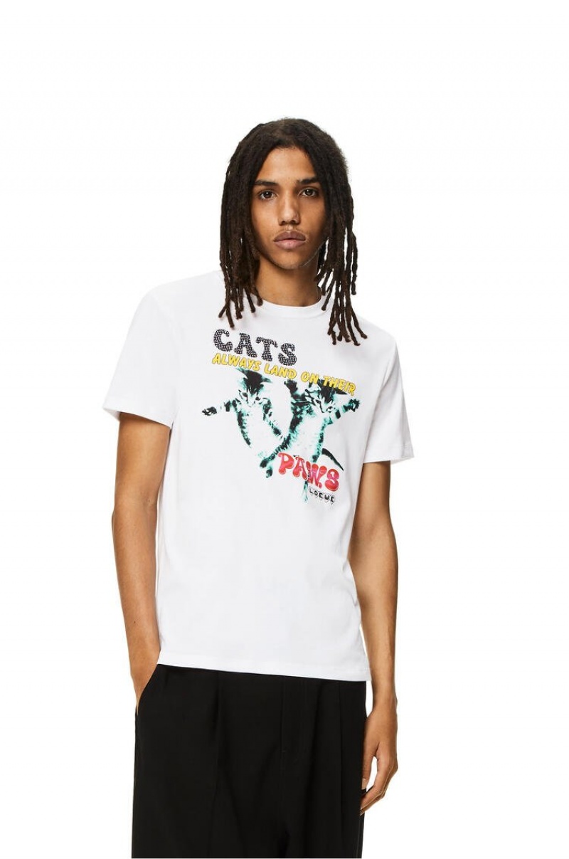 Camiseta Loewe Cat print T-shirt in cotton Hombre Blancas | 628LOKTVP