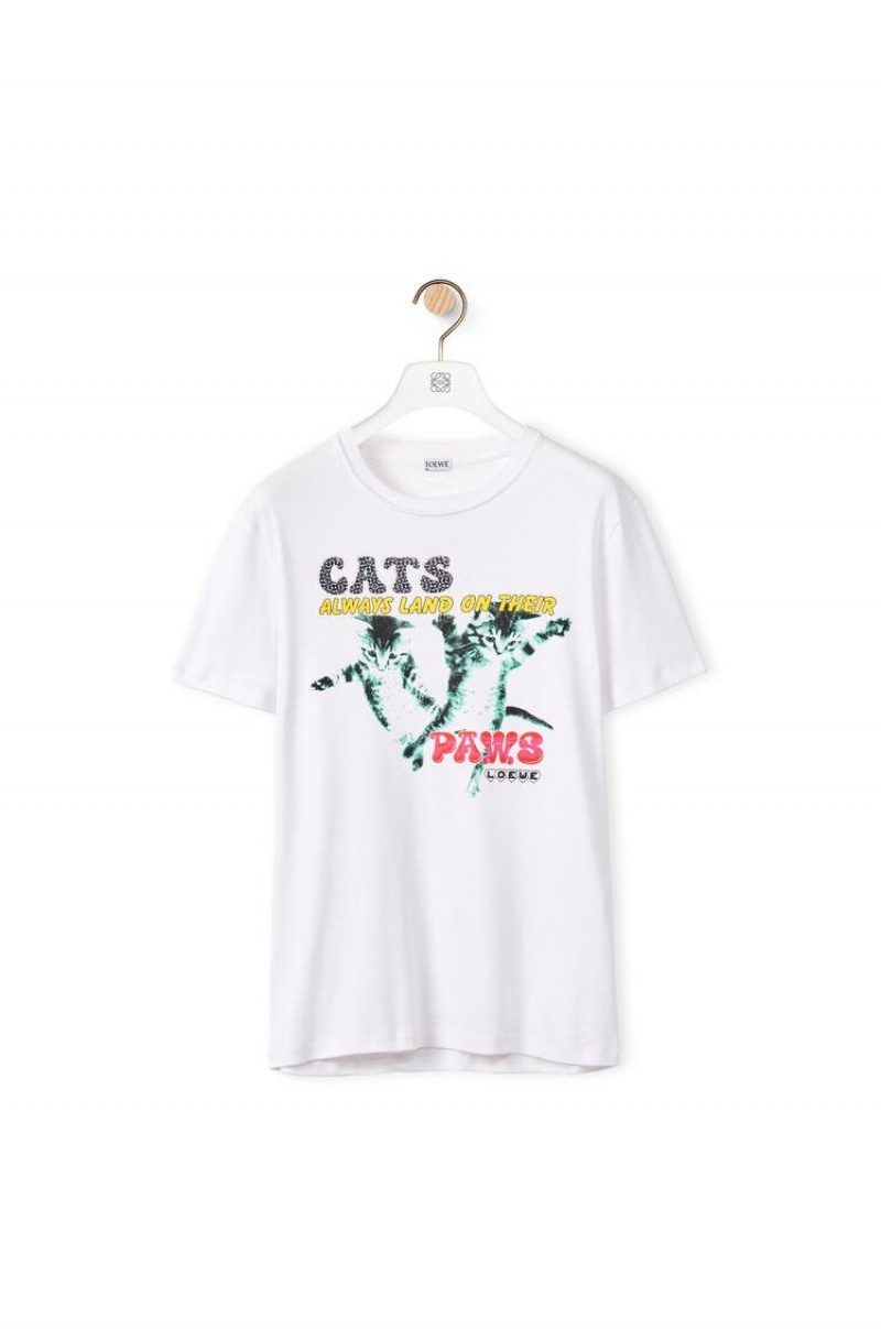 Camiseta Loewe Cat print T-shirt in cotton Hombre Blancas | 628LOKTVP