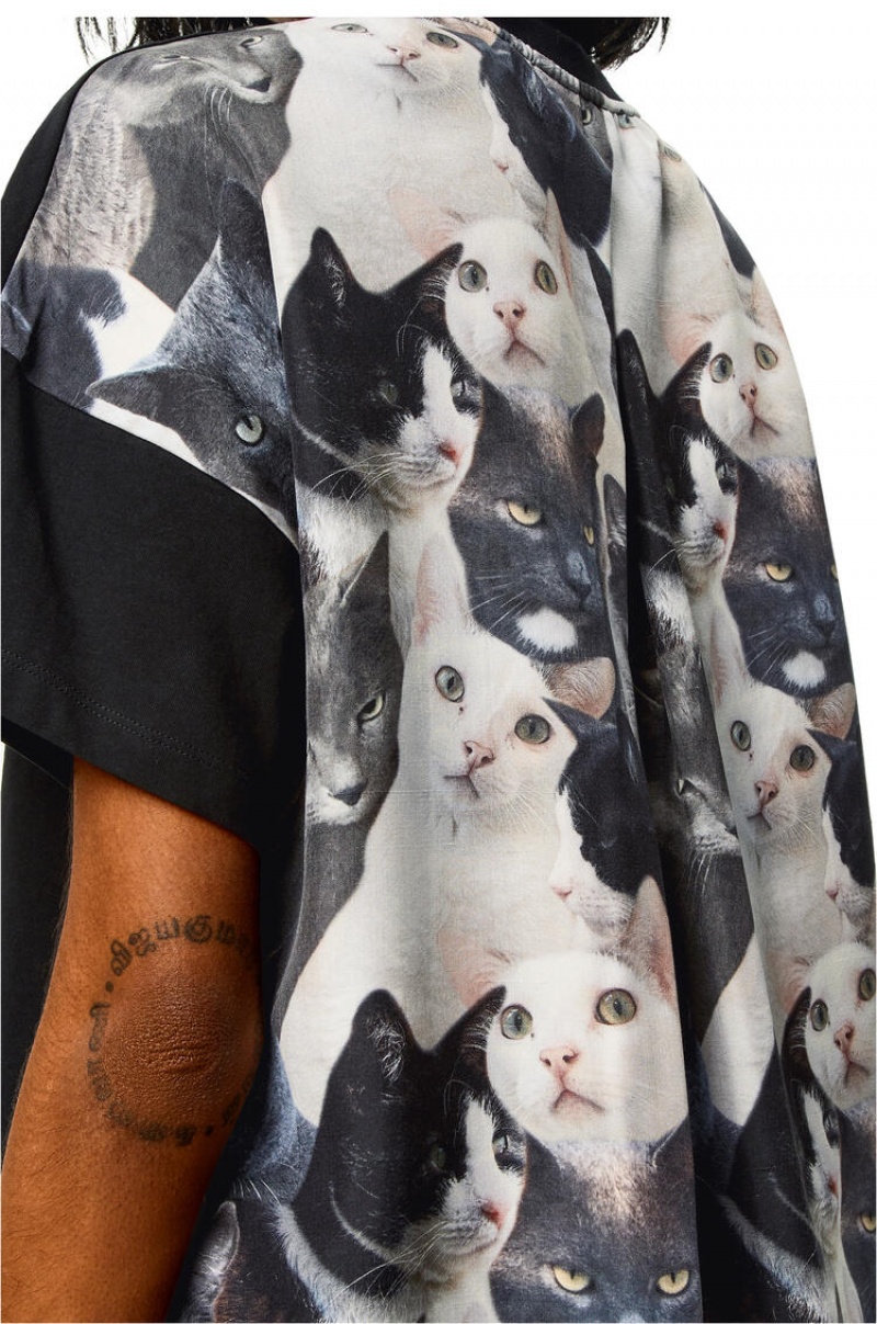 Camiseta Loewe Cats print T-shirt in cotton and silk Mujer Negras Multicolor | 234LTKAON