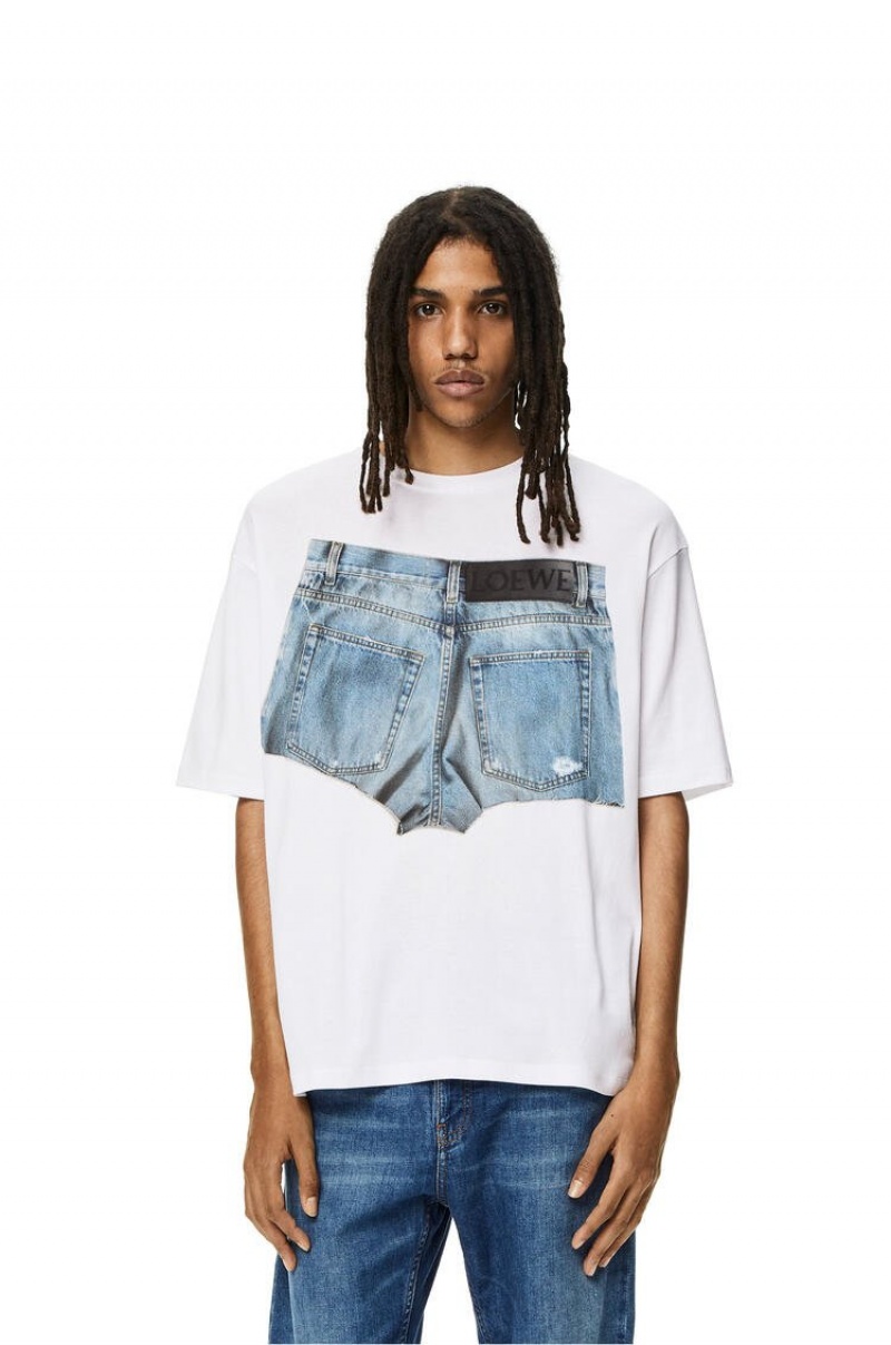 Camiseta Loewe Denim shorts print T-shirt in cotton Hombre Blancas | 819VSCOJT