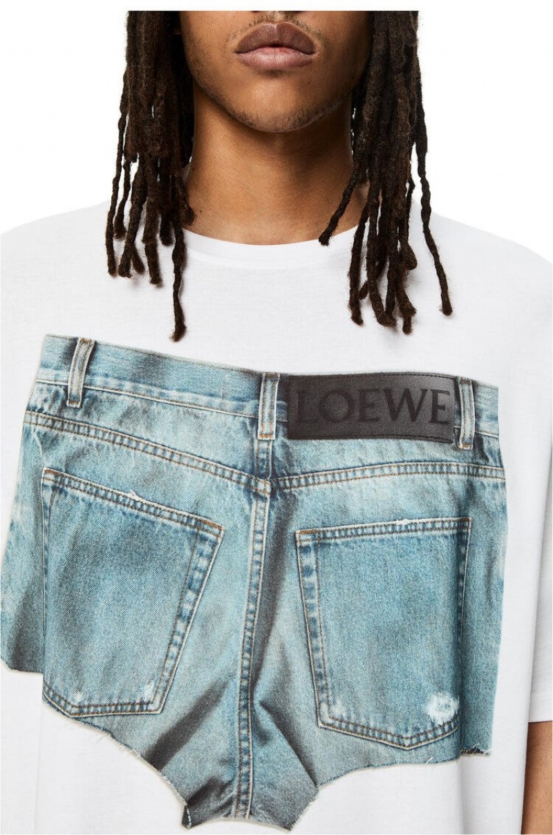 Camiseta Loewe Denim shorts print T-shirt in cotton Hombre Blancas | 819VSCOJT